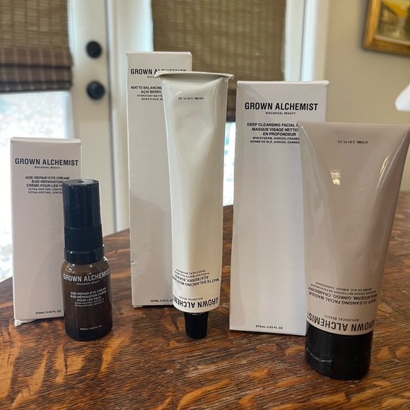 Grown Alchemist Skincare trio with eye serum deep cleansing mask moisturizer